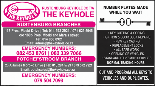 The Keyhole — Key cutting & coding • Ignition & door lock repairs • New key casing... 117 Pres. Mbeki Drive: 014 592 2921 / 071 623 5945 · Cnr 180b Pres. Mbeki & Marais Street: 014 050 0921 · Rustenburg emergencies: 082 453 8761 / 082 339 7066 · admin@thekeyhole.co.za