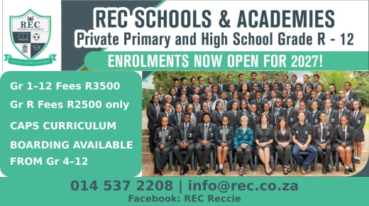 REC Schools & Academies — Private primary and high school Grade R–12 • CAPS curriculum • Boarding from Grade 4–12 014 537 2208 · info@rec.co.za · Enrolments open for 2027 · Gr 1–12 fees R3500 · Gr R fees R2500 only