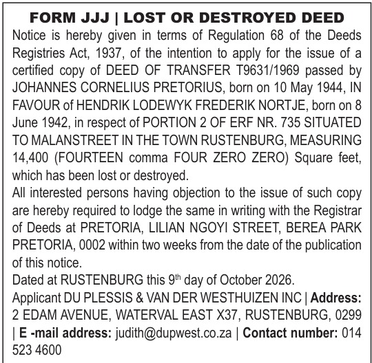 Lost or destroyed deed T9631/1969 — Hendrik Lodewyk Frederik Nortje