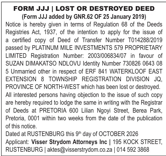 Lost or destroyed deed T014288/2019 — Suzan Dimakatso Ndlovu