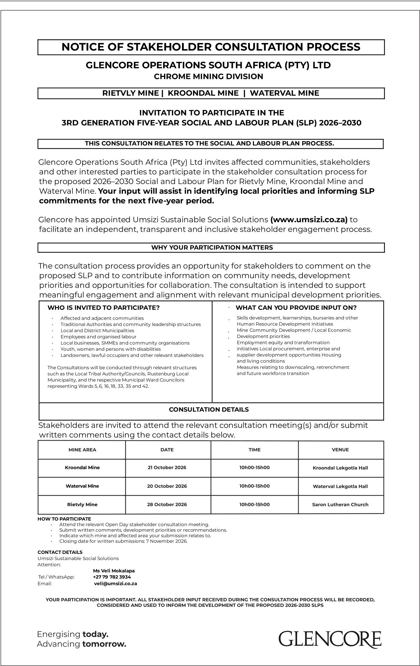 GLENCORE — Stakeholder consultation: Social and Labour Plan 2026–2030